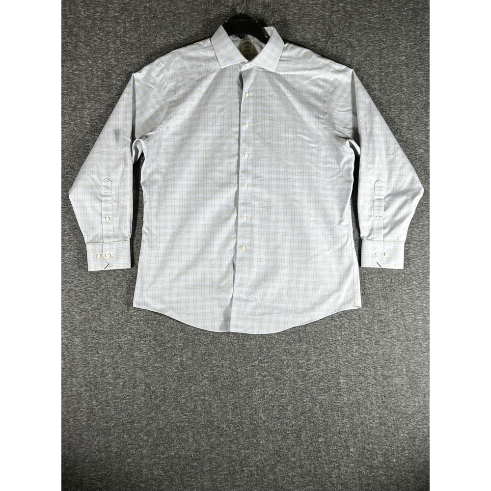 Brooks Brothers 346 Mens 17-4/5 Slim Fit Non-Iron Plaid Dress Shirt Blue Tan
